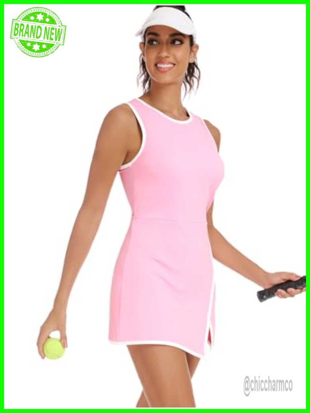 Tennis Dress with Built-in Shorts and Bra Crew Neck Sleeveless Athletic Side - Picture 2 of 4